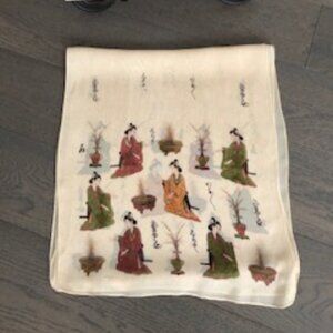 FAVOLOSA Vintage Designer 100% Rayon Scarf w Graphics Cream Grn Brn Gold Sz OS